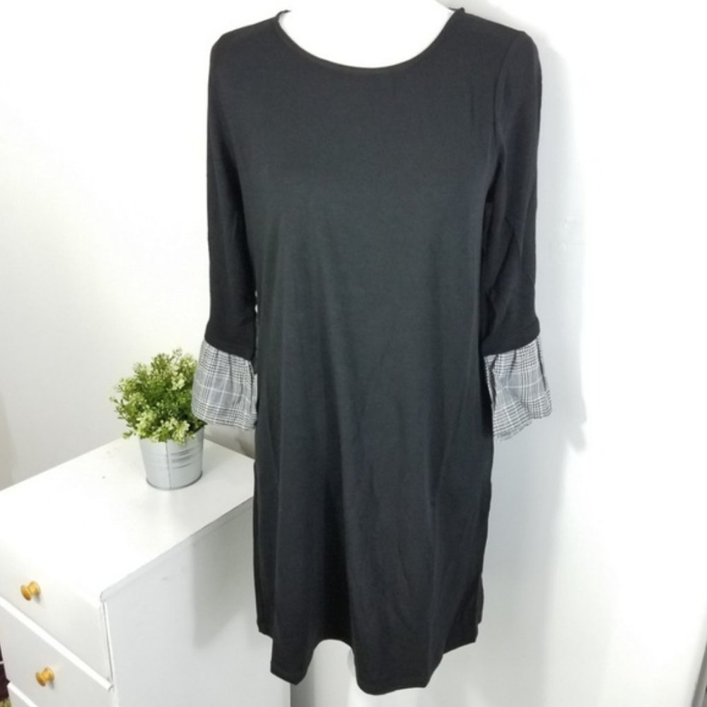 Pleione Black Plaid Ruffle Sleeve Knit Shirt Dress - Picture 2 of 8
